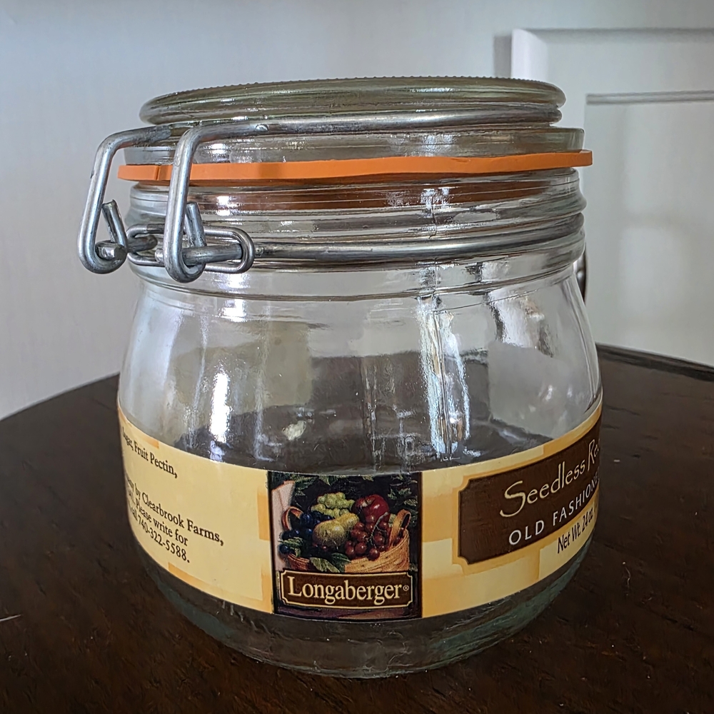 Vintage Longaberger "Seedless Red Raspberry" jam jar.